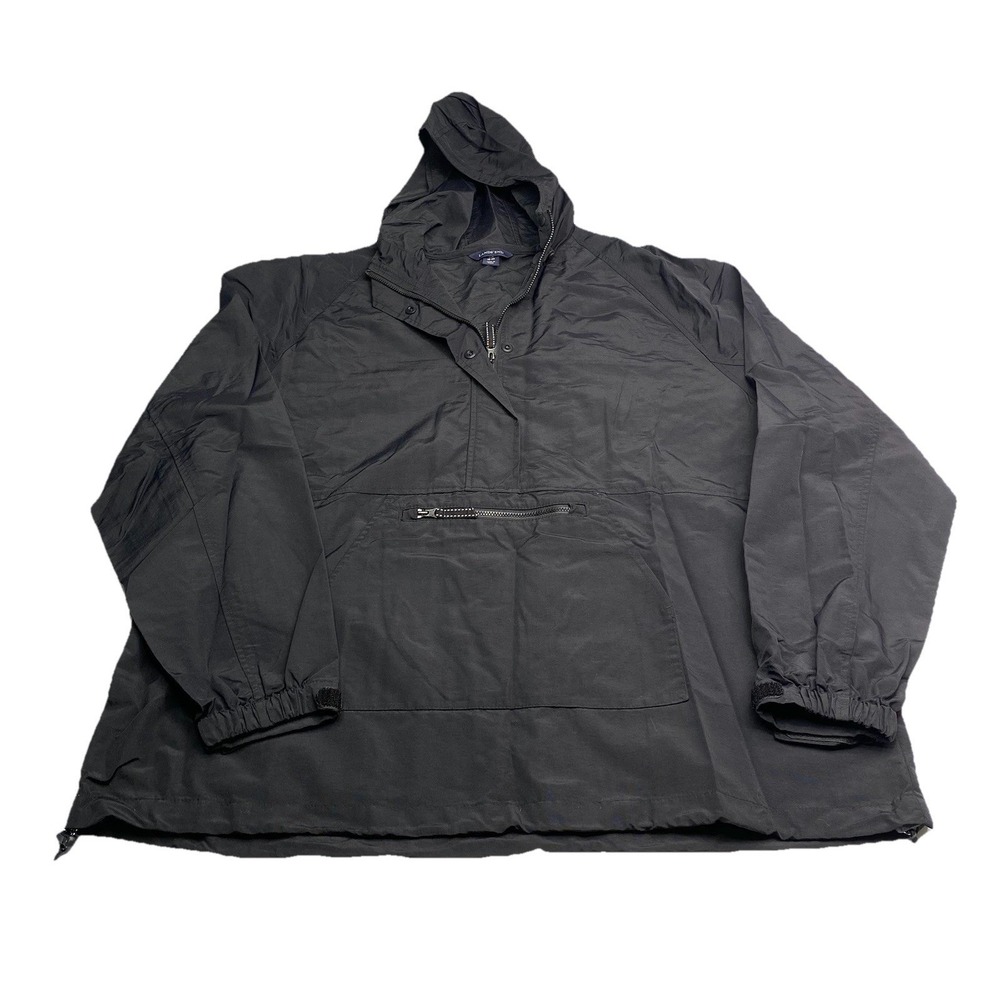 Lands End Men XL Black Hooded Anorak Jacket Windbreaker Half Zip Kangaroo Pocket
